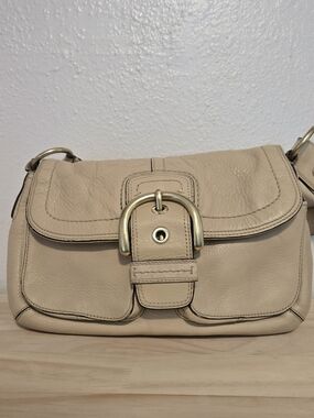 Coach Soho Buckle Double Pocket Shoulder Bag Leather Beige
